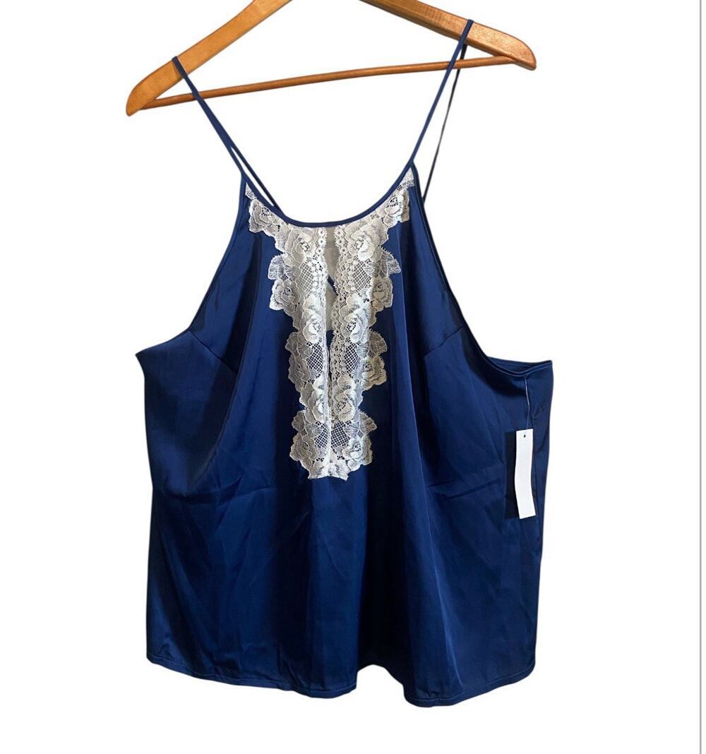 Venus Navy Blue Satin Lace Trim Sleepwear Camisole V-Neck Top Plus Size 2X NWT